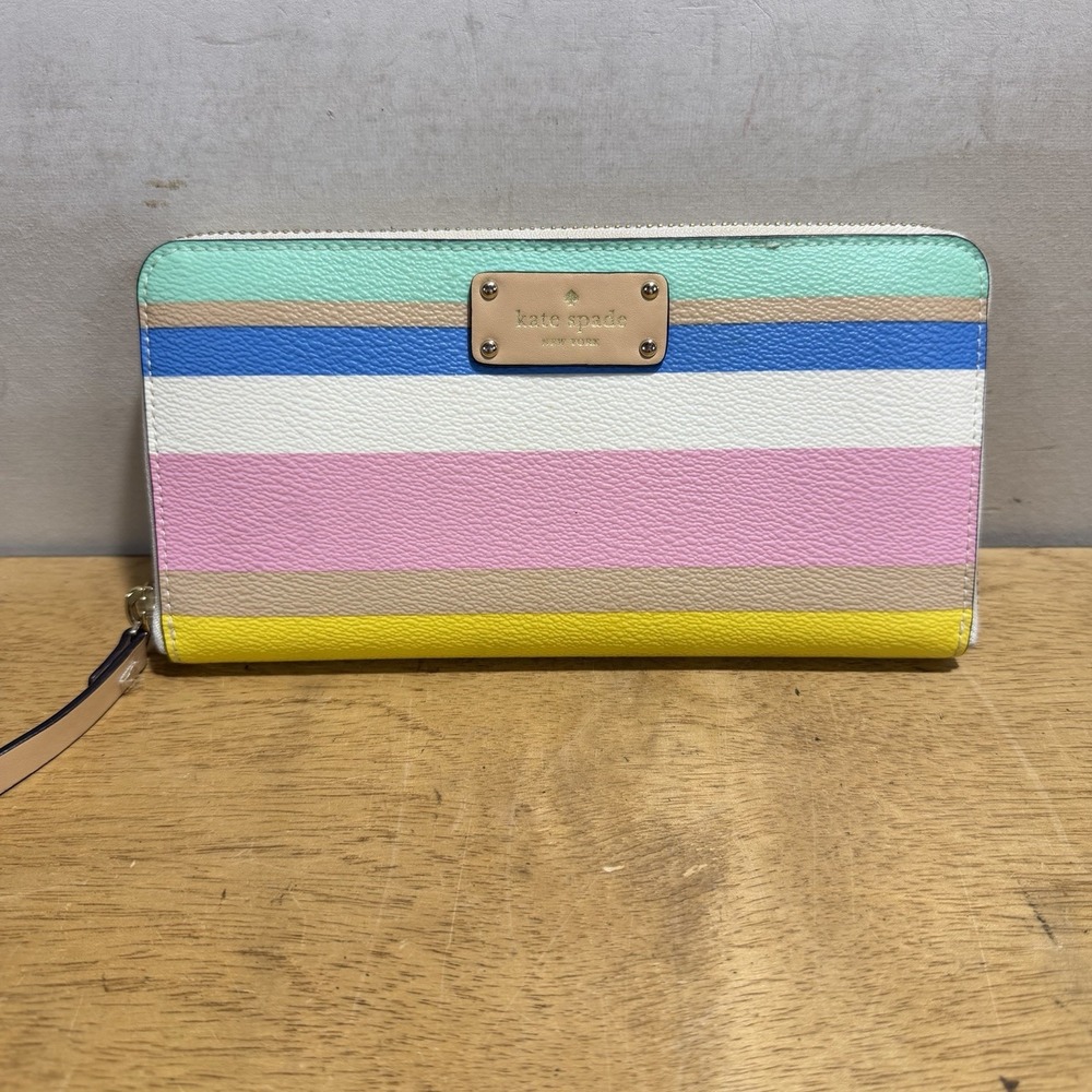 Kate Spade Neda Grove Street Dune Stripe Leather PVC Zip Around Accordion Wallet